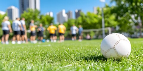 Social sports meetup diverse group playing kickball in urban park sunny day active lifestyle scene