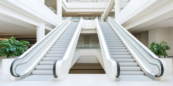 Symmetrical white escalators in a bright, modern indoor setting with greenery and natural light.