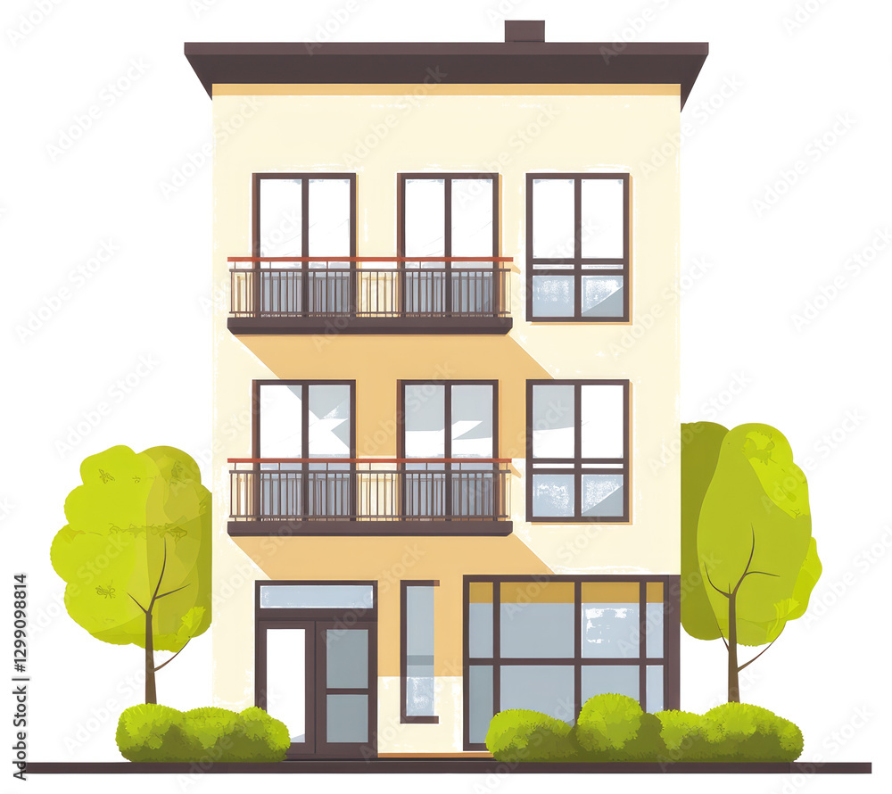 Poster a simple illustrated apartment building with trees and balconies in view