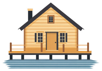 A wooden lake house illustration with a black roof and chimney