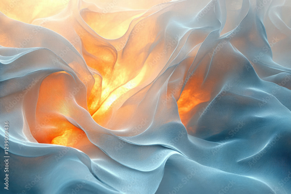 Poster abstract image of flowing, translucent fabric with warm orange light glowing from within.