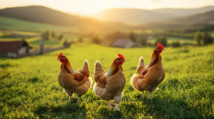 Fototapeta premium free-range chickens walking on green grass on a farm with a mountain backdrop