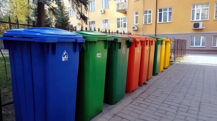 Fototapeta premium Colorful bins for separate waste collection promoting recycling in residential area. Multicolored recycle bins standing in row near residential building promoting responsible waste management.