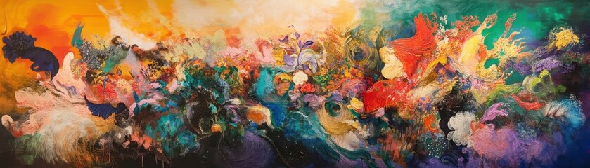 Vibrant abstract painting featuring a dynamic array of bold colors and intricate shapes, blending together to create a lively and energetic visual experience.