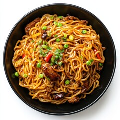 Top view of Hakka noodles in black bowl on white background