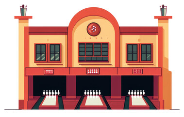 A colorful stylized illustration depicting a bowling alley exterior building