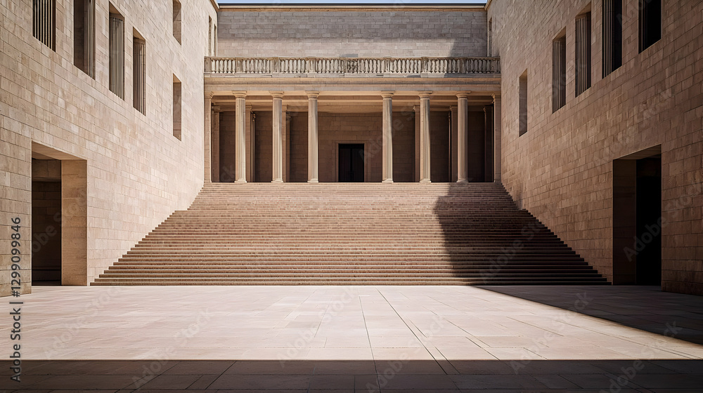 Aufkleber stone building exterior with steps leading to columns creating shadowy courtyard