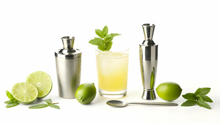 Fresh Lime Cocktail With Mint Leaves And Shakers On White Background Studio Shot