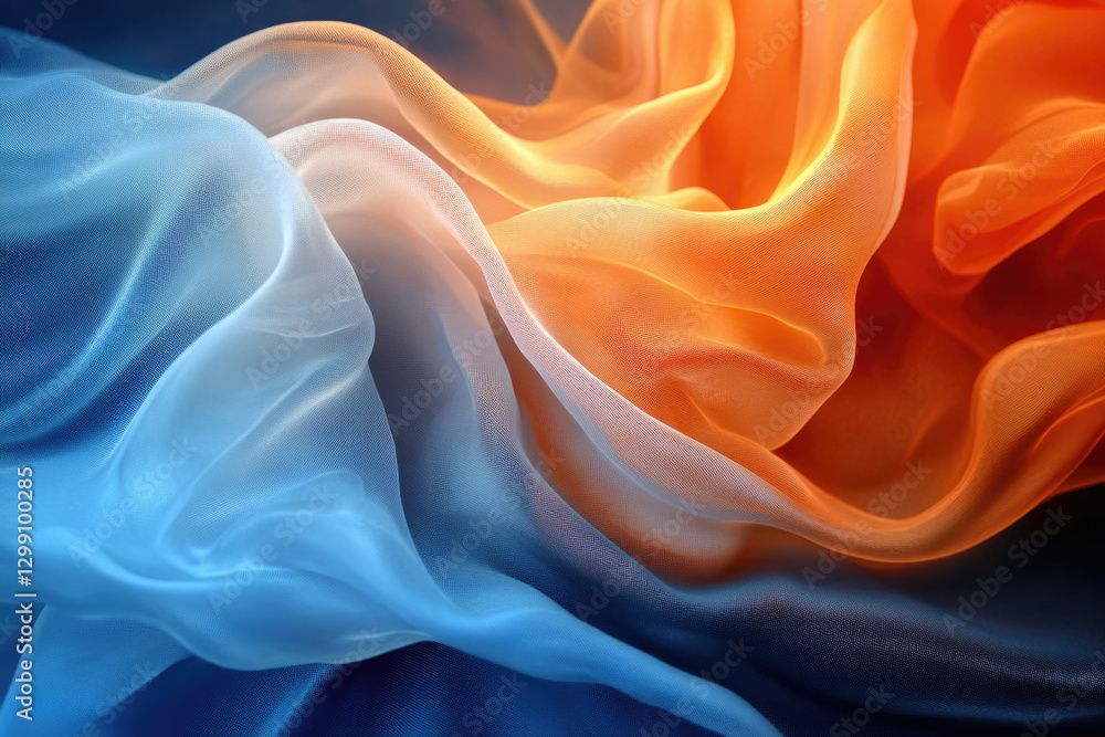 Fototapete abstract image of flowing blue and orange fabric, creating a wave-like pattern.