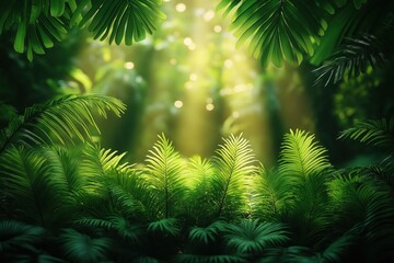 Fototapeta premium Sunlight filtering through green canopy, vibrant ferns and palm leaves in serene forest