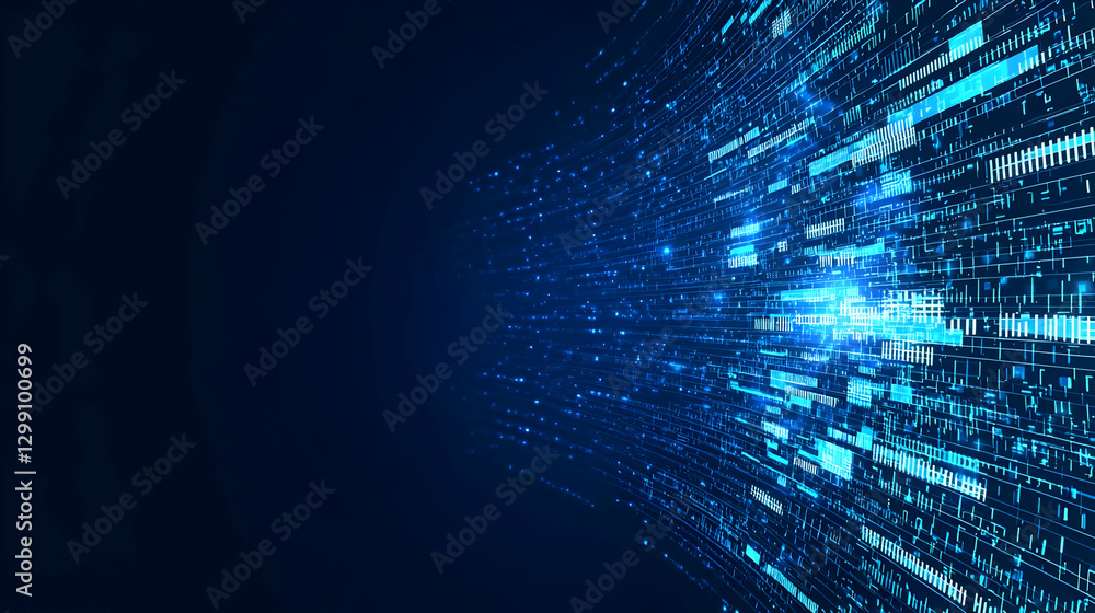 Poster abstract digital data stream with blue glowing pixels in dark background