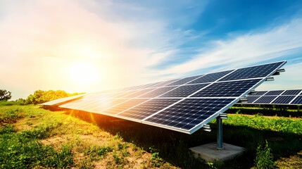 Solar panels against the blue sky with a sunset, a photovoltaic power station or energy plant