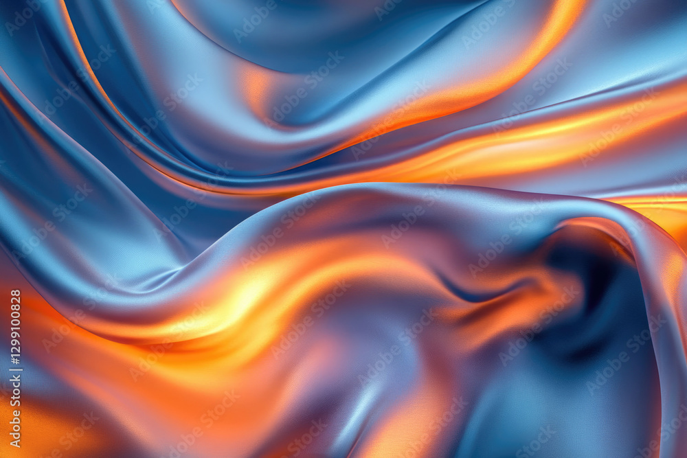 Poster abstract image of flowing silk fabric in shades of blue and orange, creating a luxurious and smooth 