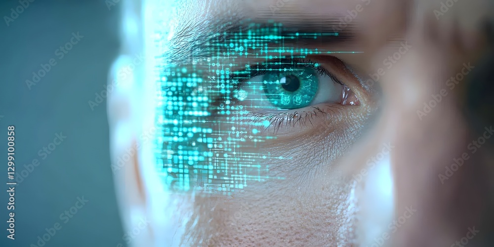 Poster close-up of a man's face with digital interface overlay technology environment futuristic conceptual