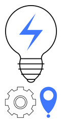 Light bulb with lightning bolt, gear depicting mechanisms, and location pin symbolizing pinpoint accuracy. Ideal for ideas, creativity, problem-solving, technology, innovation, strategy abstract