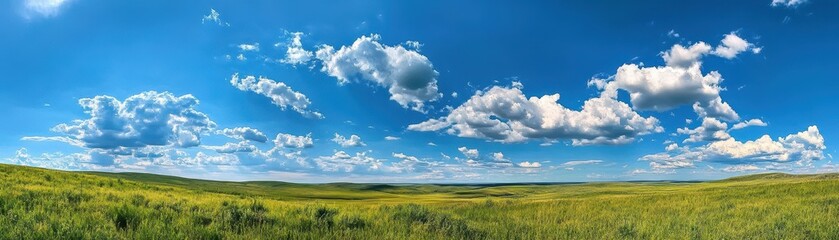 A vibrant green field of grass stretches across the foreground, gently swaying in the breeze, under a bright blue sky adorned with fluffy white clouds, creating a serene and peaceful atmosphere.