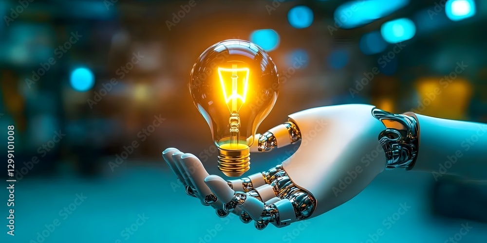 Poster ai robot hand gently supporting light bulb futuristic setting digital art innovation concept close-u