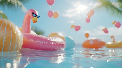 Whimsical summer day with inflatable flamingo and colorful floating balloons