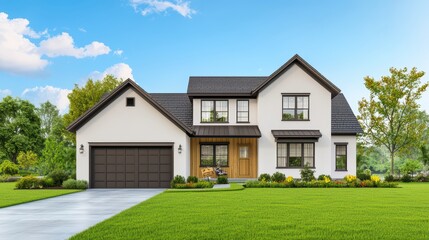 Obraz premium Modern House for Sale with Sold Sign in Lush Green Surroundings