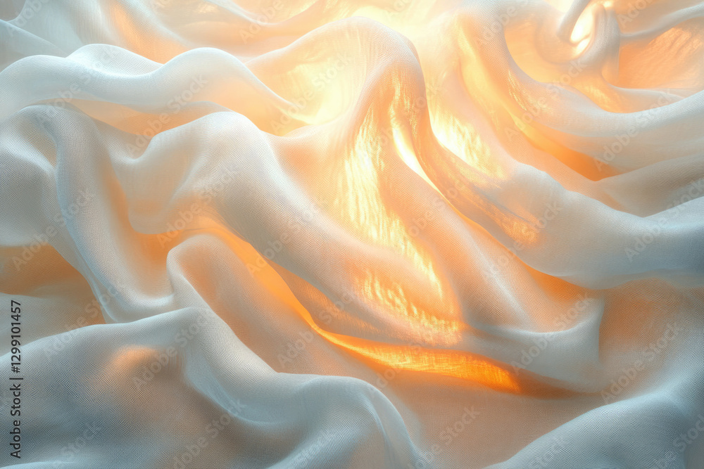 Poster soft, flowing white fabric illuminated by warm, golden light, creating a serene and ethereal scene.