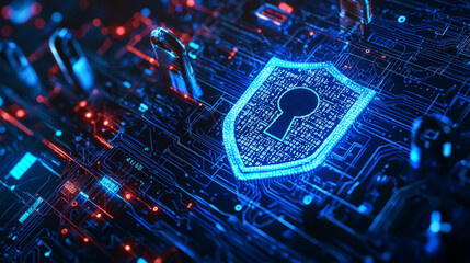 Technology background featuring a robotic face with digital patterns and cybernetic enhancements