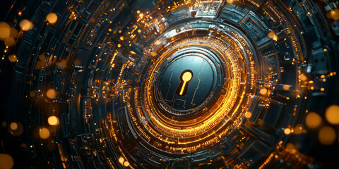 Technology background featuring a robotic face with digital patterns and cybernetic enhancements