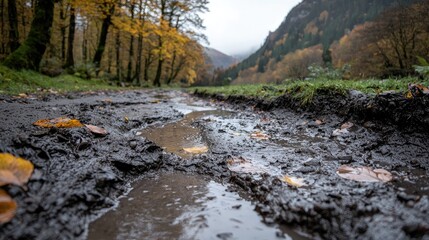 Autumn muddy path through forest. Use Stock photo for nature, travel, and outdoor adventures
