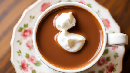 The image is a close-up of a cup of hot chocolate with a dollop of whipped cream on top. The cup is white and is sitting on a saucer with a floral pattern.