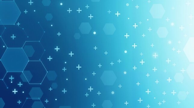 Digital blue technology background featuring hexagonal patterns and plus symbols with gradient effect. Modern tech design with geometric shapes and connected nodes on blue backdrop.