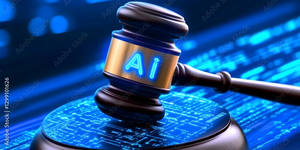 Poster ai-inspired digital gavel symbolizing artificial intelligence in law virtual environment conceptual 