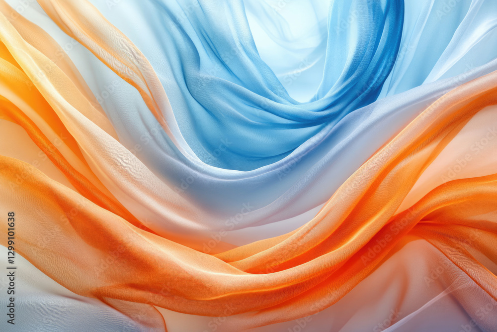 Poster abstract image of flowing blue and orange silk fabric, creating a dynamic and elegant visual.