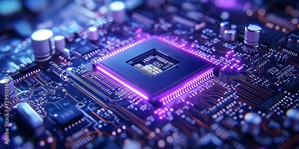 Poster digital circuit board processor technology lab macro photography neon environment close-up view inno