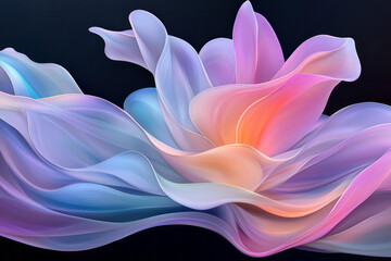 Futuristic composition: sharp, neon petal shapes blending into swirling liquid ribbons, dark