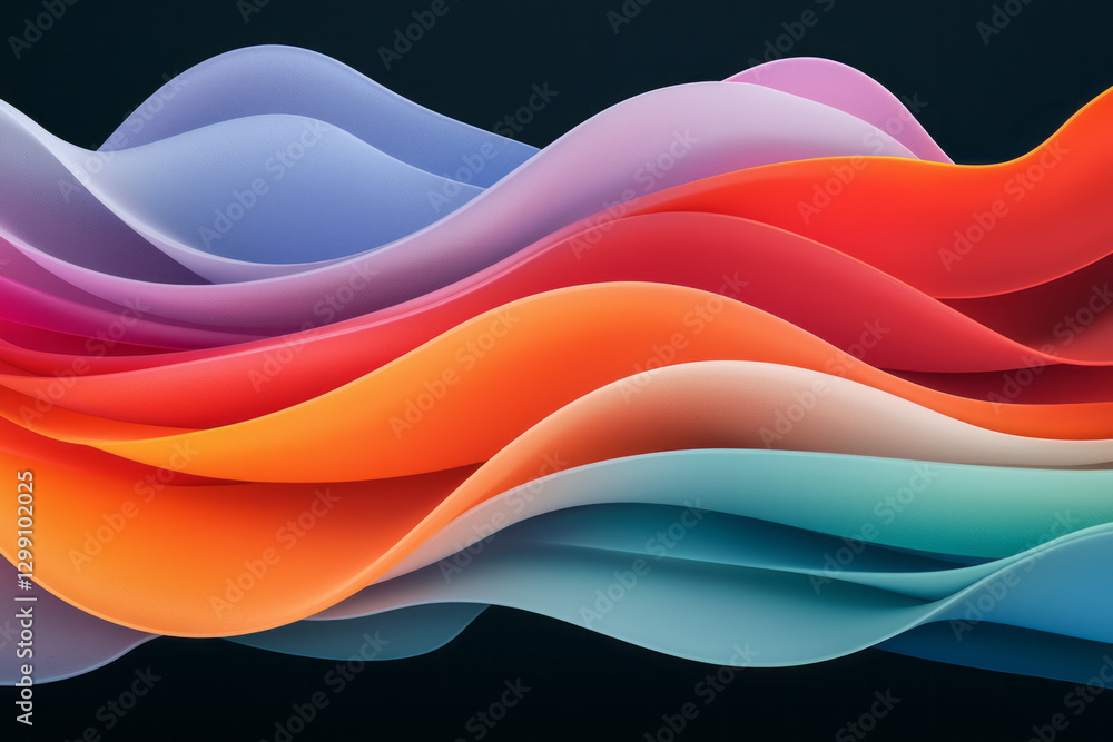 Poster dynamic editorial shot of petal-like ribbons intersecting in bold complementary colors, dark