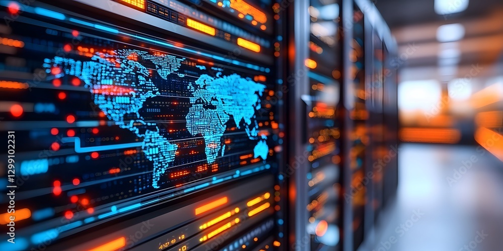 Poster high-tech digital world map on data server technology hub visual data representation futuristic envi