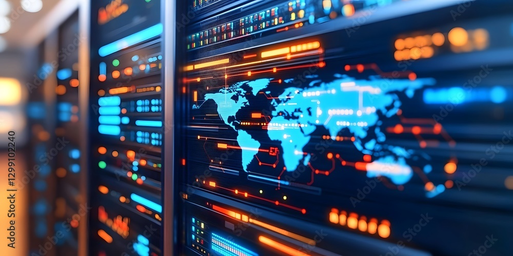 Poster high-tech digital world map visualization data server environment informative graphic modern technol