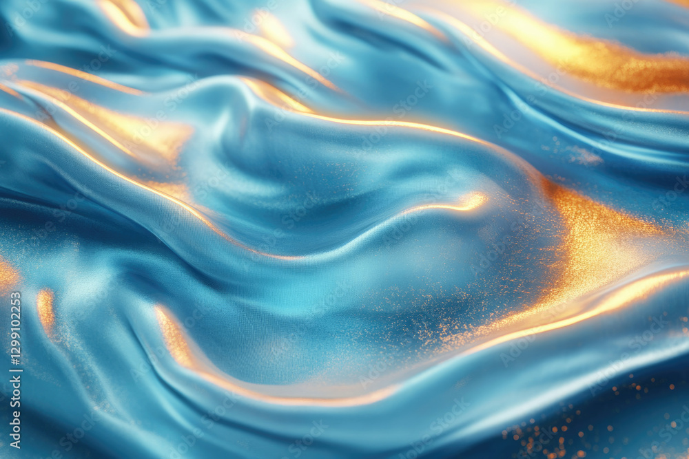 Poster abstract image of flowing, shimmering teal fabric with golden highlights, creating a luxurious and e
