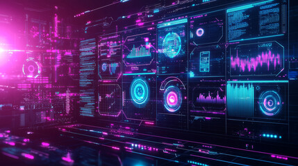 Obraz premium Cyber Tech background, with glowing interface panels and neon purple and blue color scheme