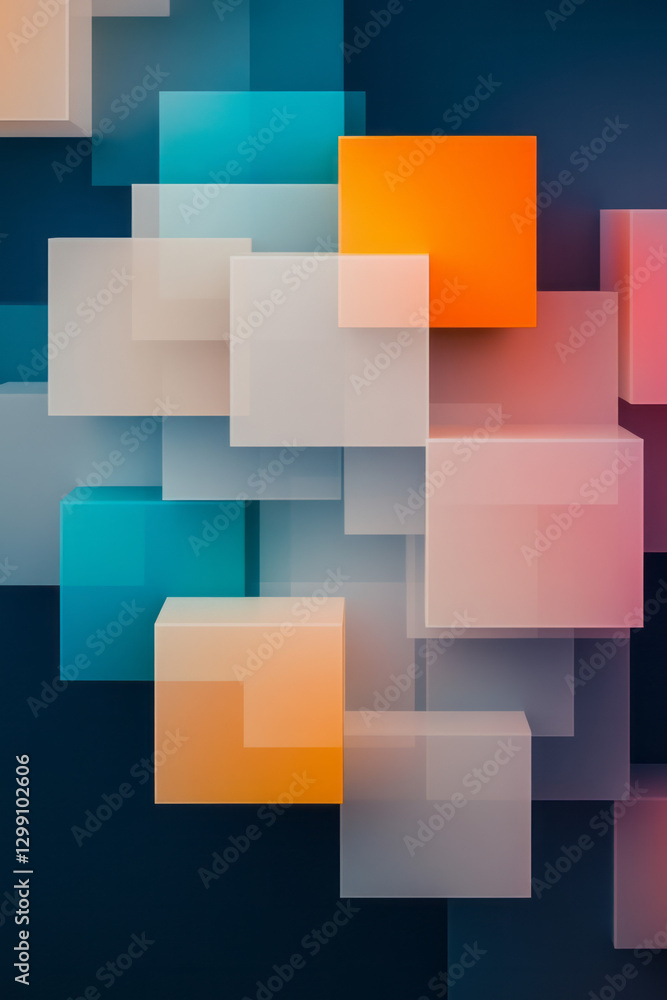 Poster vibrant, multi-layer arrangement of translucent cubes in a repeating geometric grid, bold color