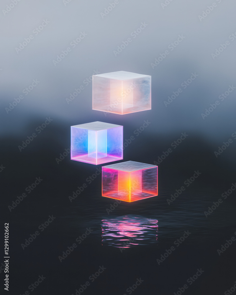 Poster bold editorial layout of neon cube clusters floating in a black environment, high-resolution