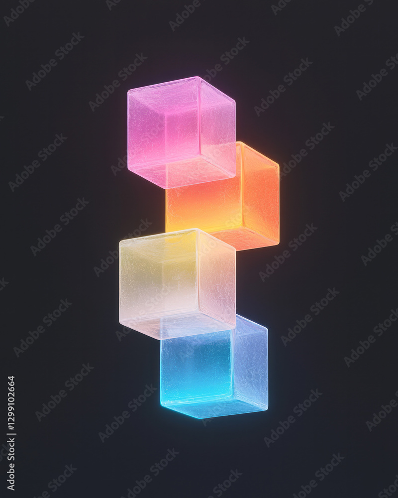 Poster bold editorial layout of neon cube clusters floating in a black environment, high-resolution