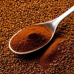 Pile of powder instant coffee in metal spoon isolated 
