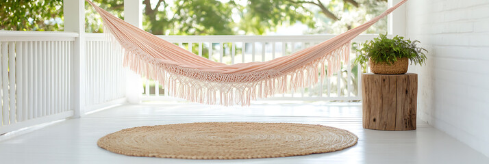 Relaxation Awaits: A cozy hammock setup on a bright, airy porch.  Inviting and serene. Perfect for lounging and enjoying nature's tranquility.