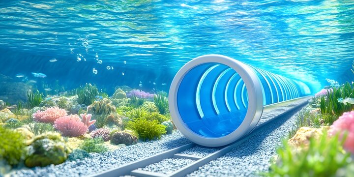 Innovative underwater hyperloop tube system with marine life ocean environment cross-section view futuristic design
