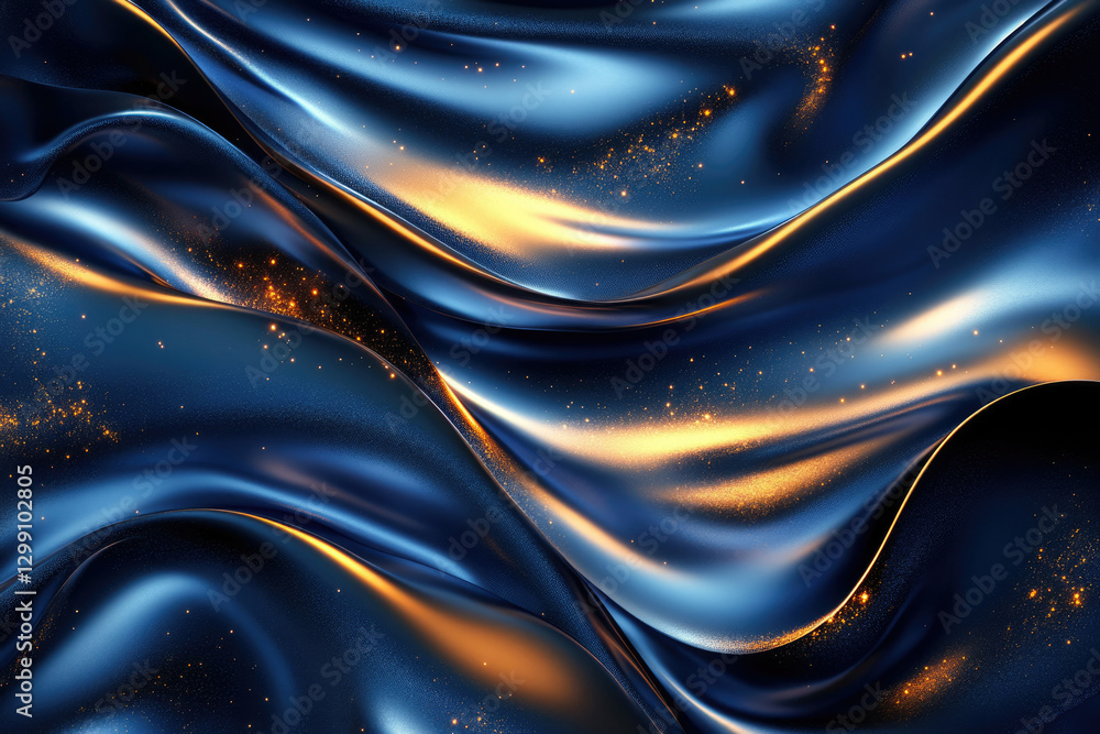 Poster abstract image of flowing dark blue and gold fabric with glittering particles, luxurious and elegant