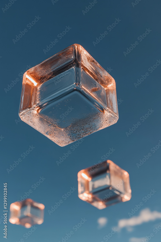 Poster bold composition of multiple translucent glass cubes floating in a dark environment, subtle neon