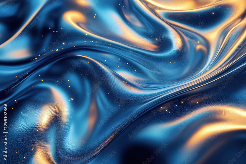 Poster abstract swirling blue and gold liquid texture with glittering particles, creating a luxurious and e