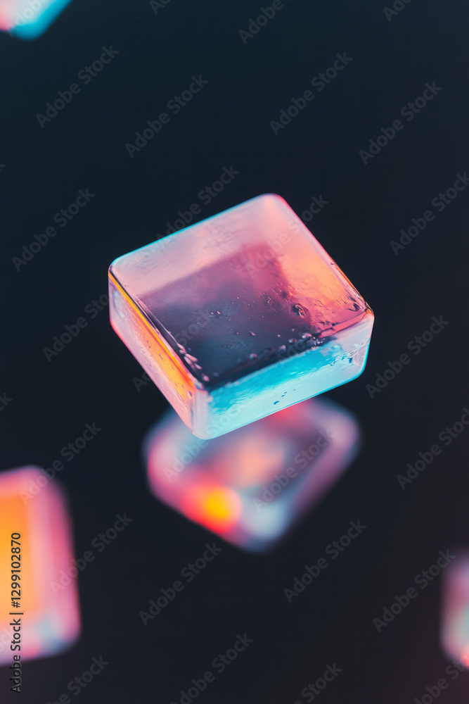 Poster bold composition of multiple translucent glass cubes floating in a dark environment, subtle neon