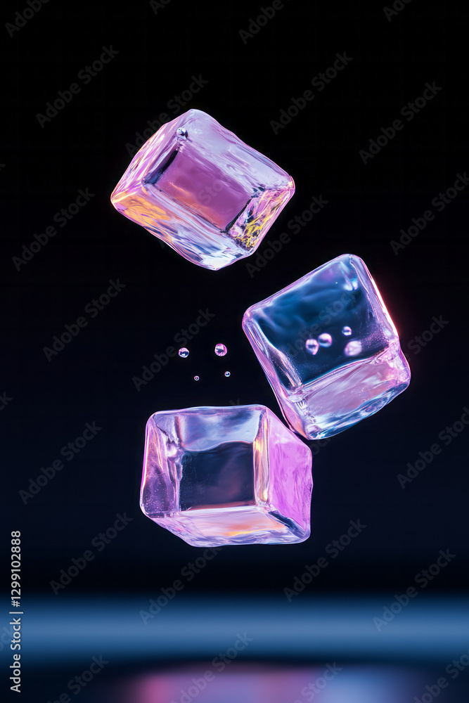 Poster bold composition of multiple translucent glass cubes floating in a dark environment, subtle neon