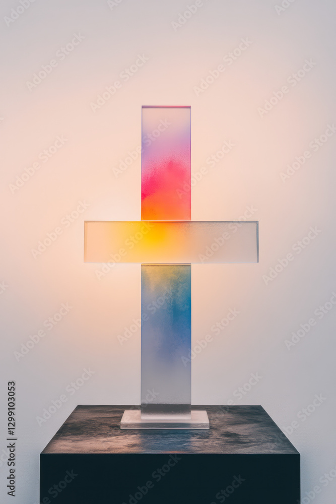 Poster bold geometric approach with large-scale transparent blocks casting intense reflections and